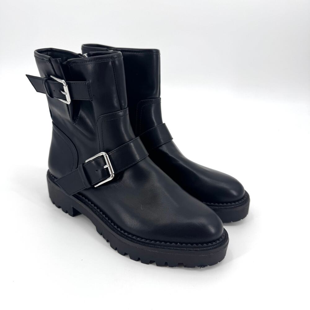 Nordstrom Rack Memphis Women's Moto Ankle Boots Buckle Faux Leather Black 6M